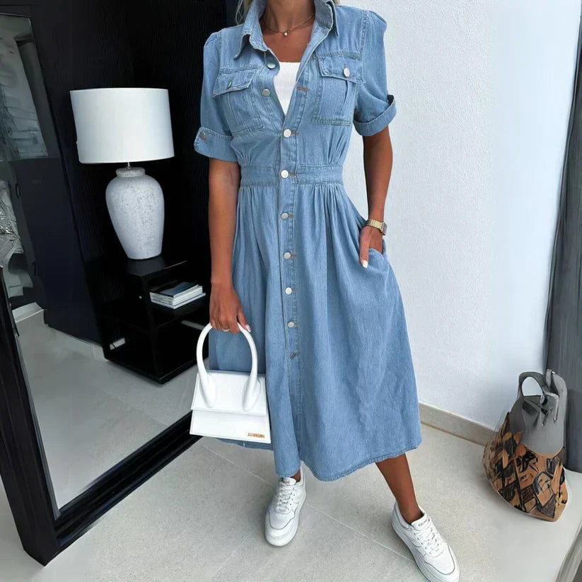 Denim Short Sleeve Button Front Chest Pocket Shirt Midi Dress