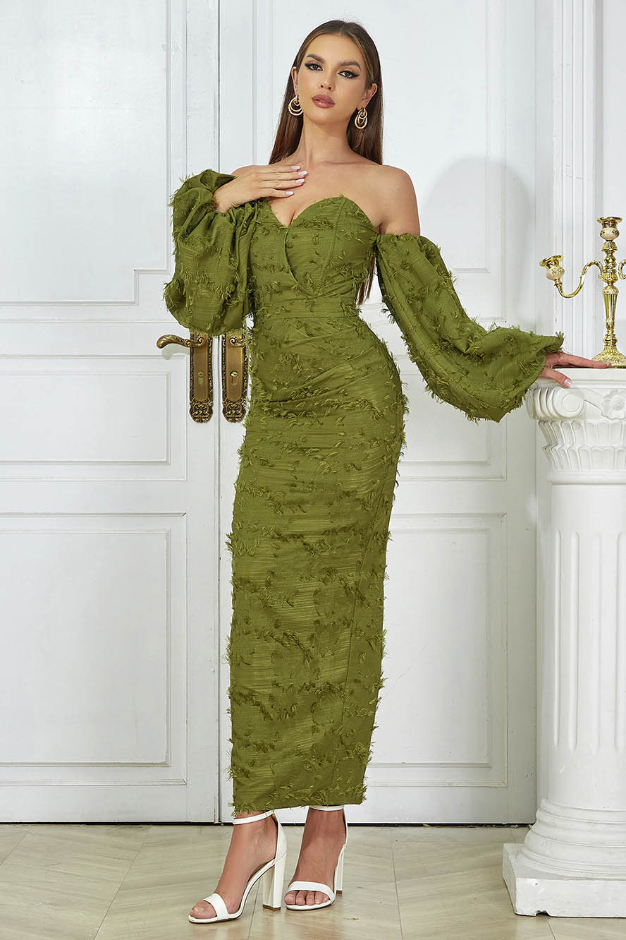 Knit Off Shoulder Puff Sleeve Textured Fringe Back Split Maxi Dress