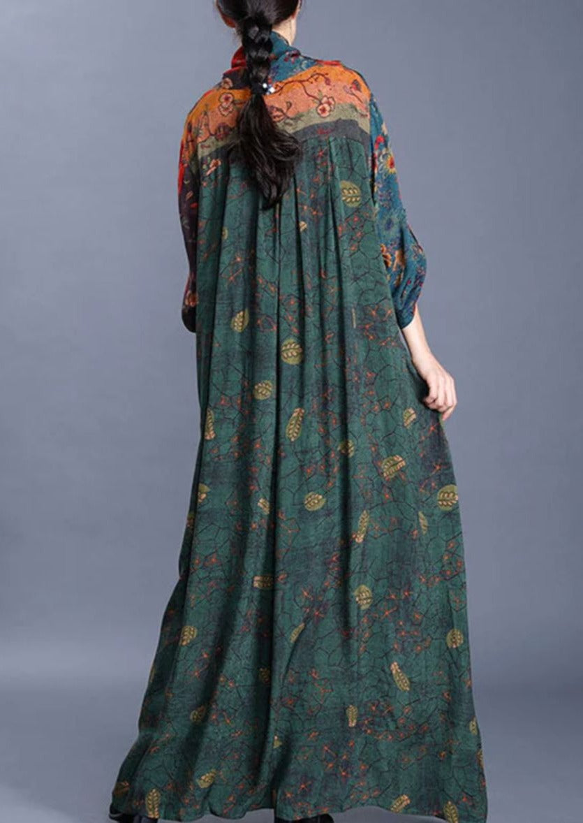 Floral Patchwork V-Neck Knotted Front Long Sleeve Maxi Dress
