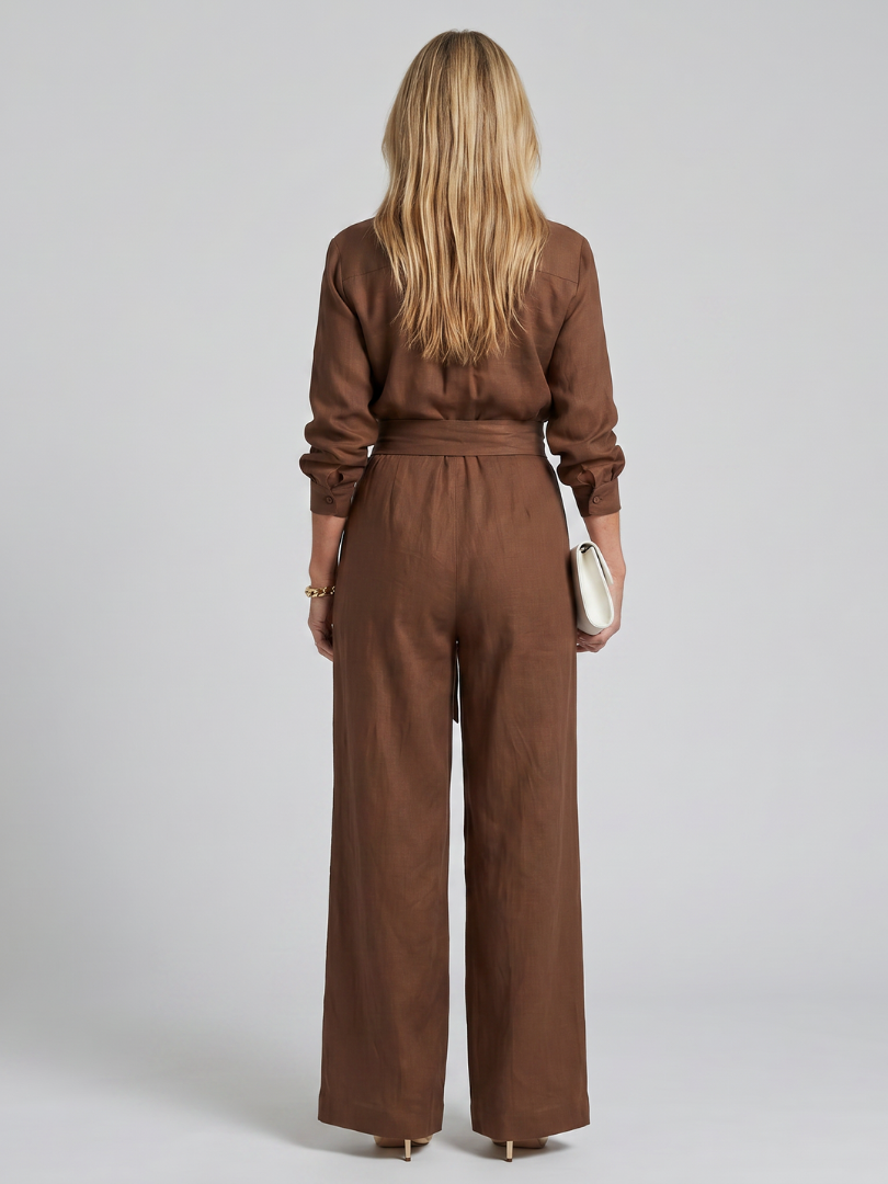 Collared Long Sleeve Belted Wide Leg Jumpsuit