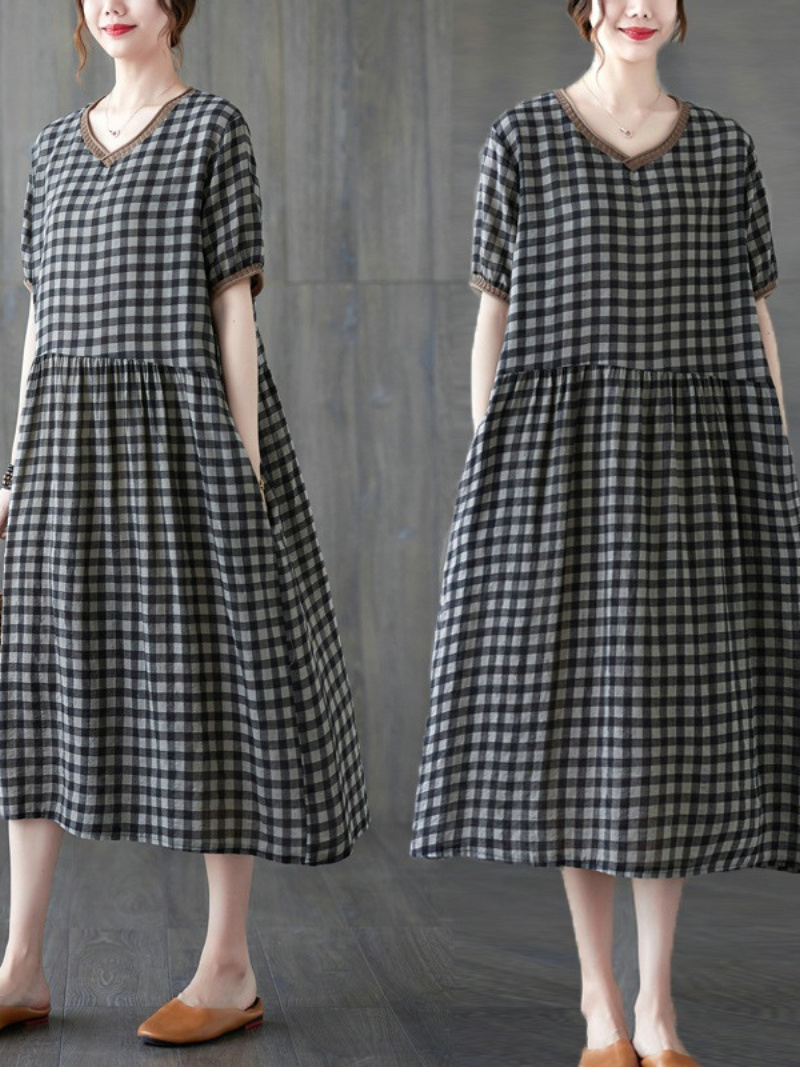 Gingham V-Neck Short Sleeve Drop Waist Pocket A-Line Midi Dress