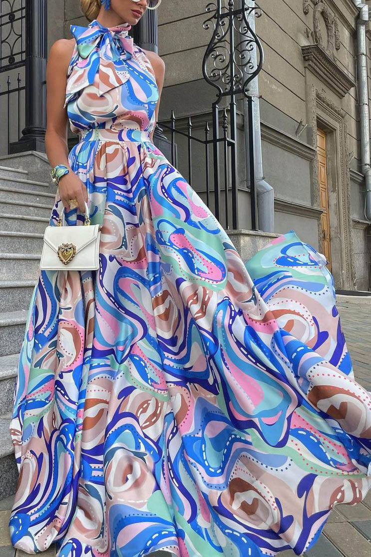 Halter Tie Neck Sleeveless Flowy Maxi Dress