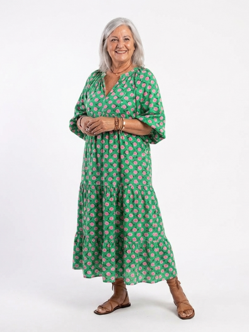 Floral Print V-Neck Half Sleeve Tiered Maxi Dress