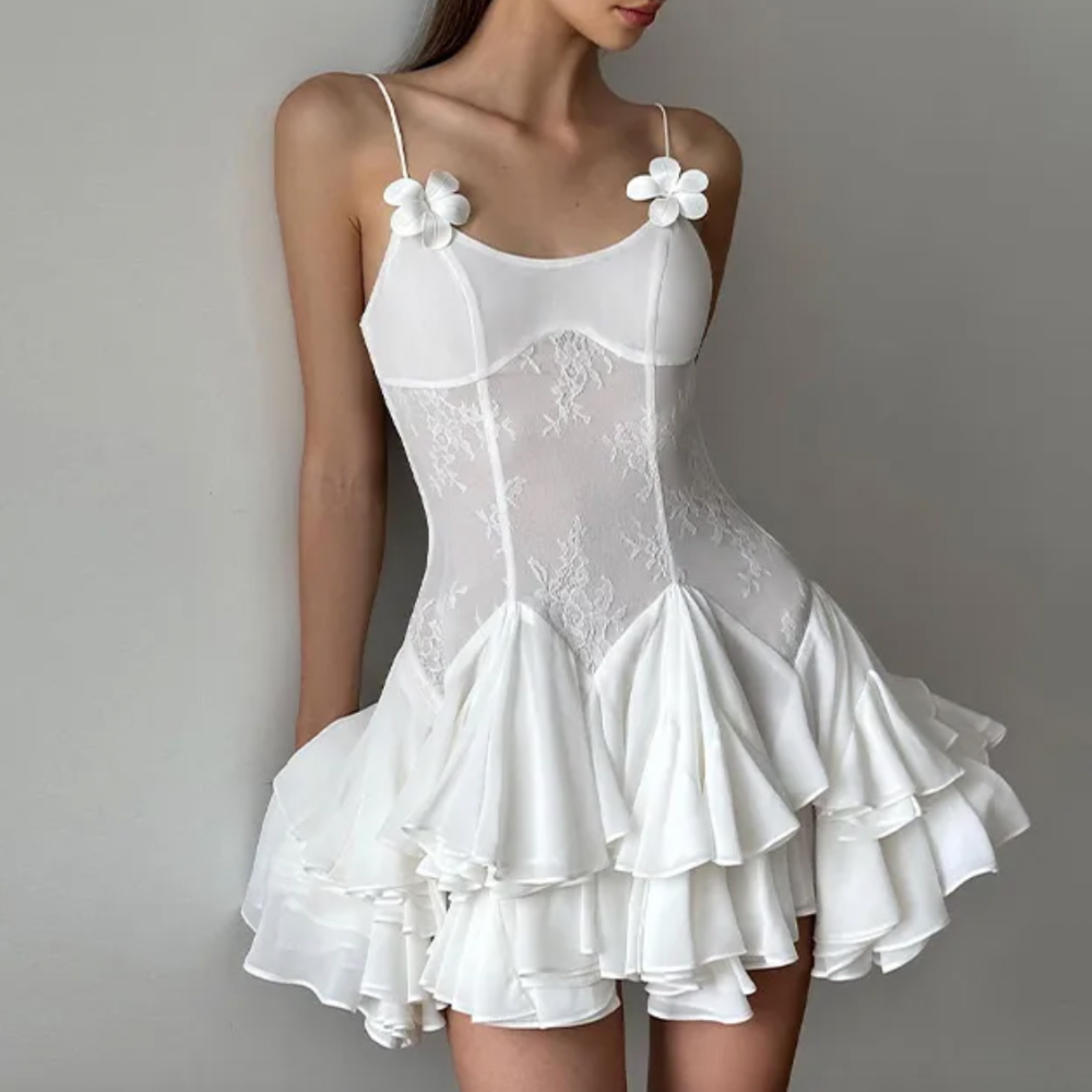 Lace Bustier Spaghetti Strap Tiered Ruffle Mini Dress