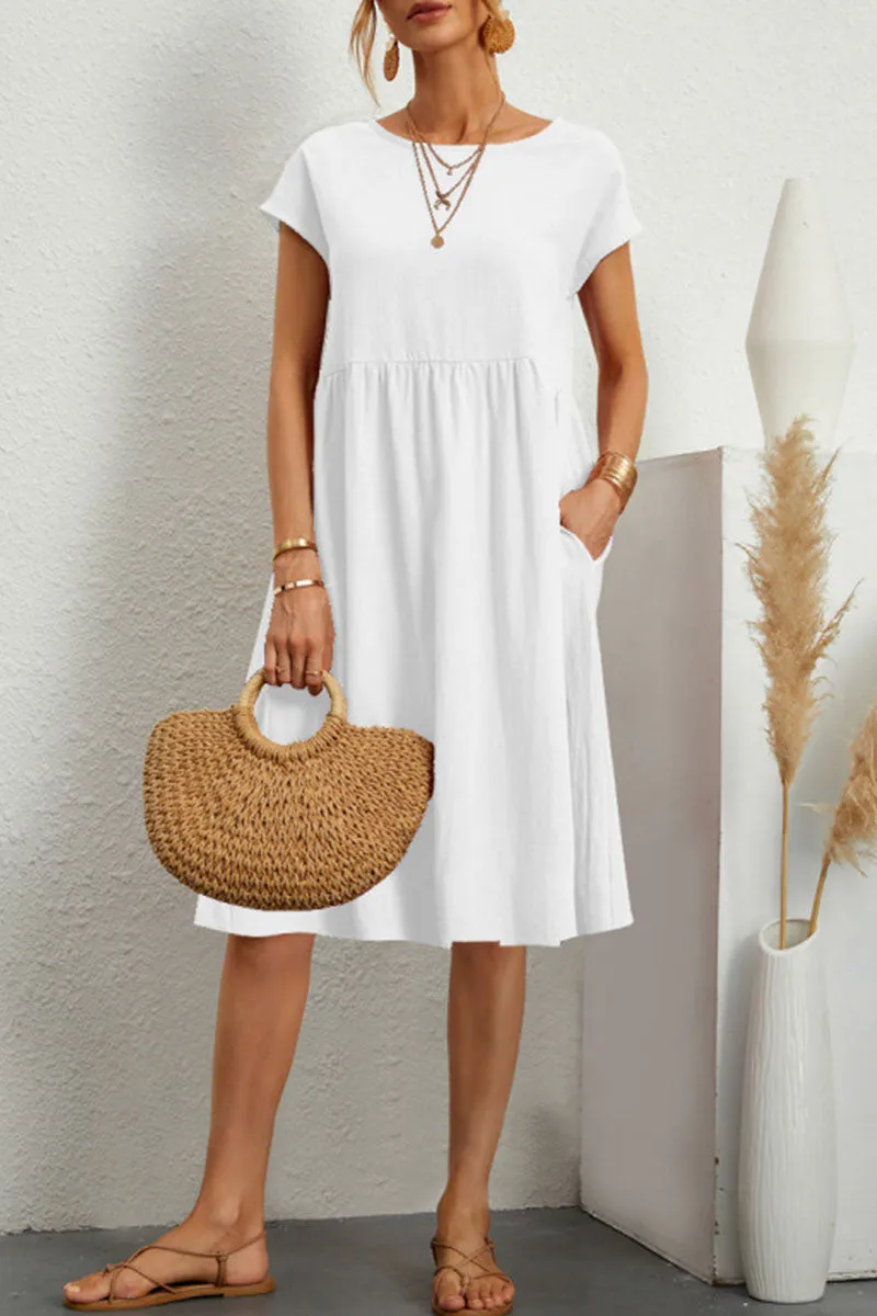 Linen Blend Print A-Line Short Sleeve Midi Dress