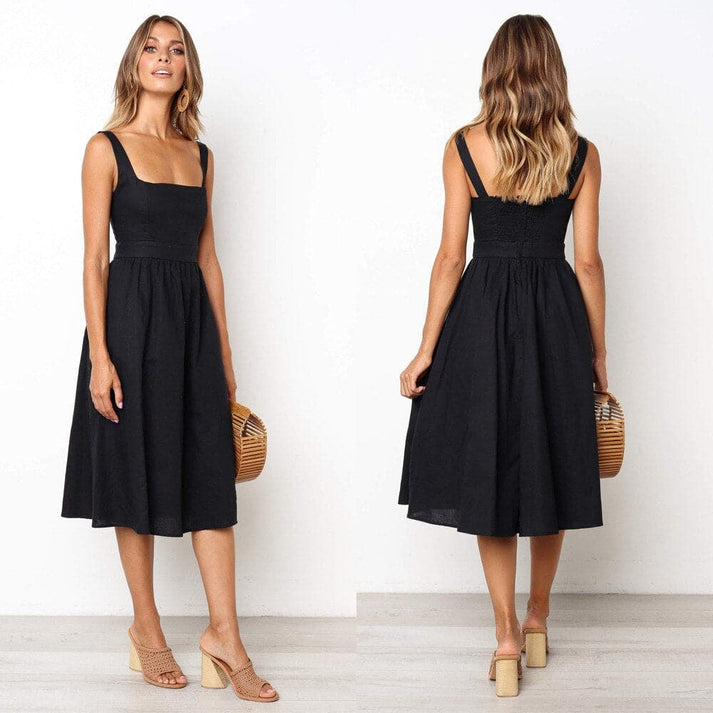Sleeveless Square Neck Smocked Back A-Line Midi Summer Dress