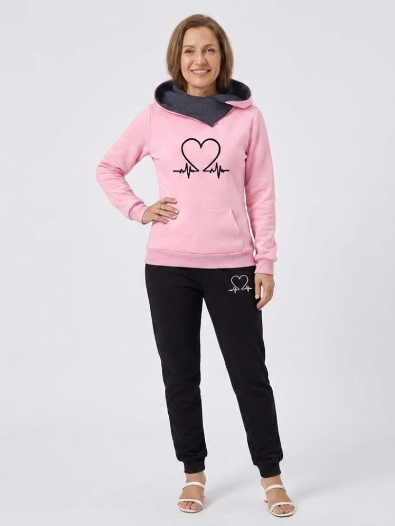Heart Print Hoodie and Joggers Two Piece Set