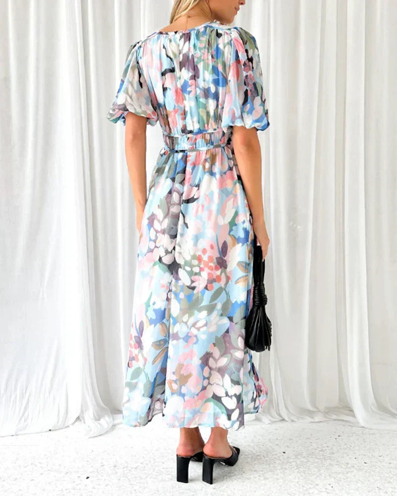 Floral Print V-Neck Long Sleeve Belted Maxi Dress