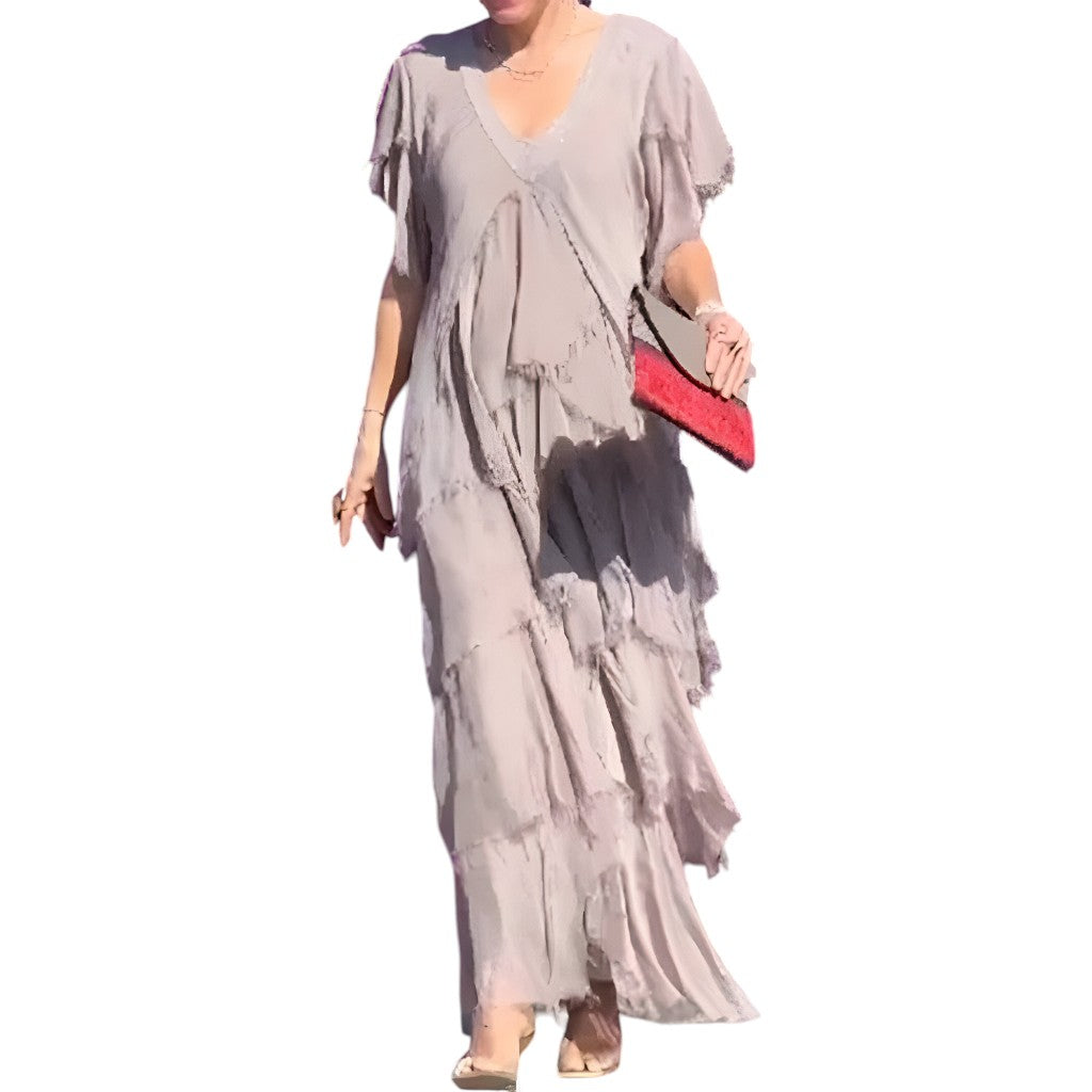 Sheila- Elegant pleated dress with V-neck Beige