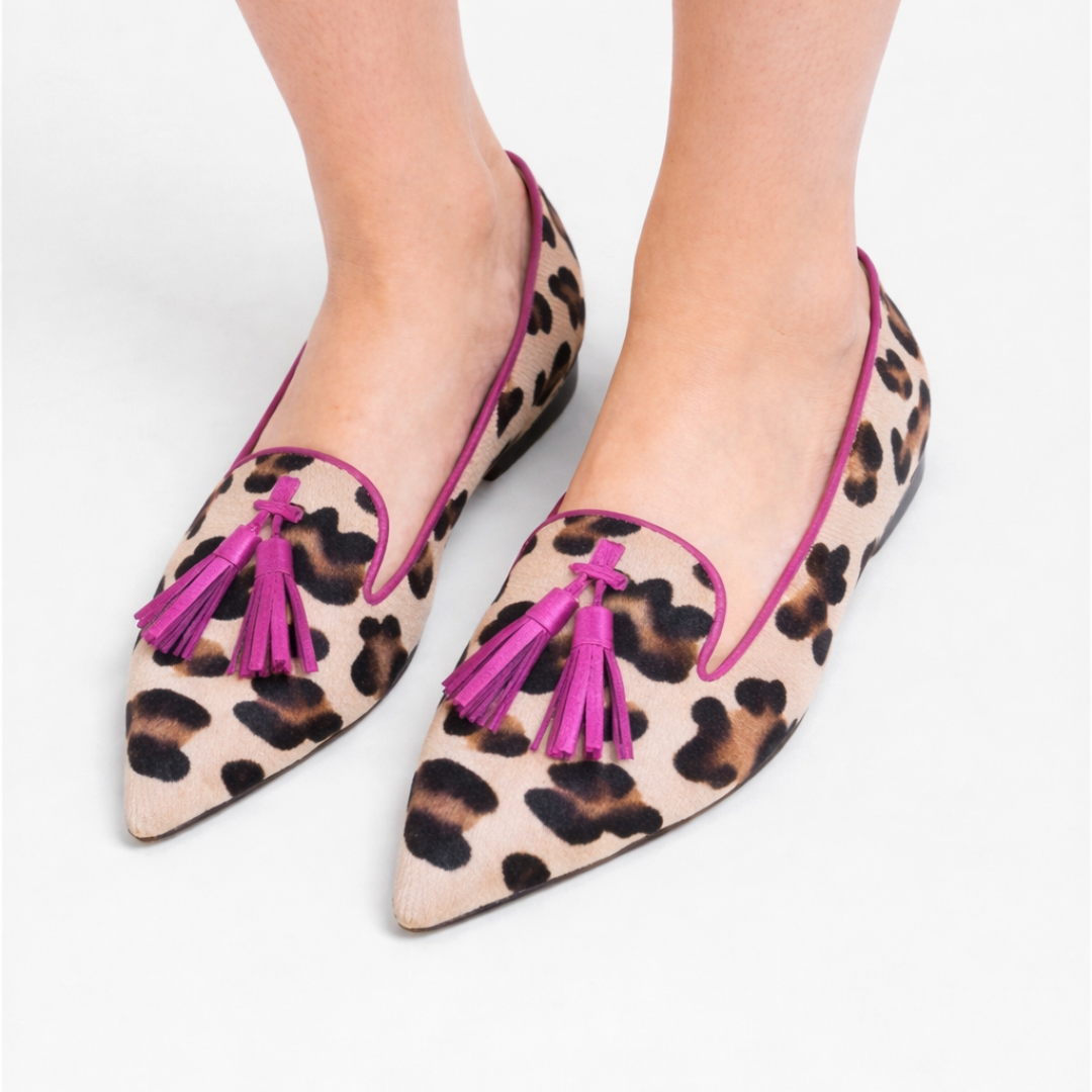 Leopard Print Pointed Toe Tassel Flats