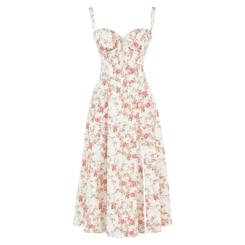 Floral Spaghetti Strap Ruched Fit and Flare Midi Dress