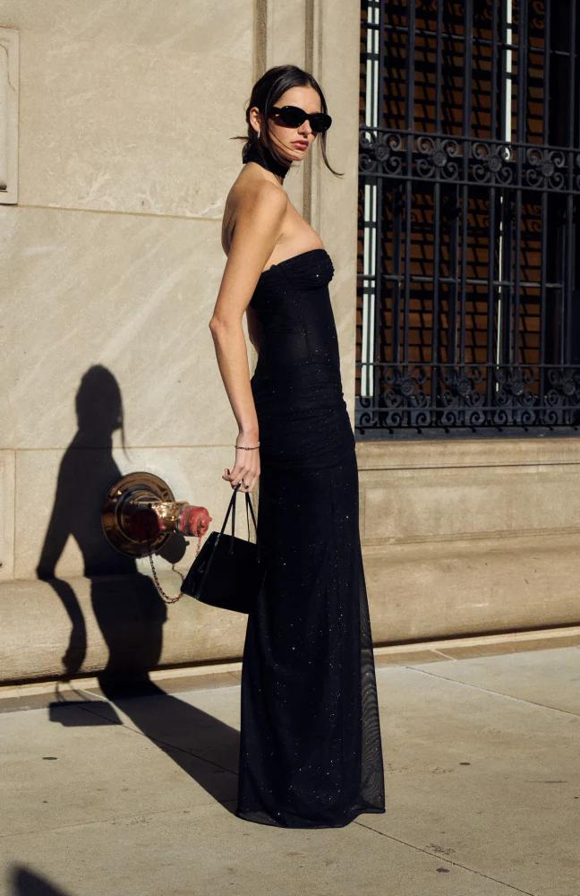 Glitter Sheer Mesh Strapless Sweetheart Ruched Hip Column Maxi Gown