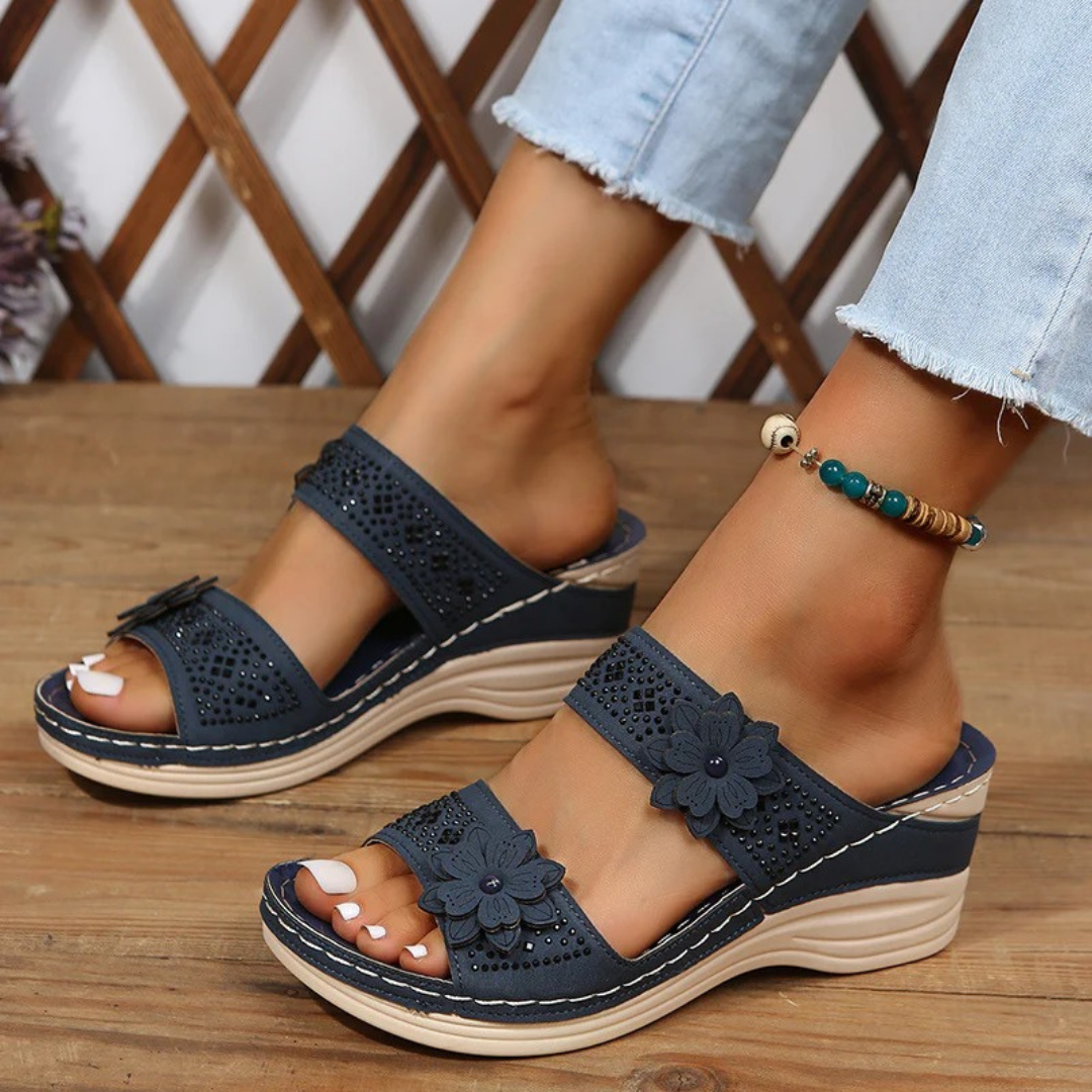 Open Toe Floral Cutout Slip On Wedge Sandals