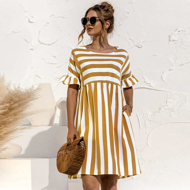 Striped Ruffle Short Sleeve High Waist Empire Mini Dress