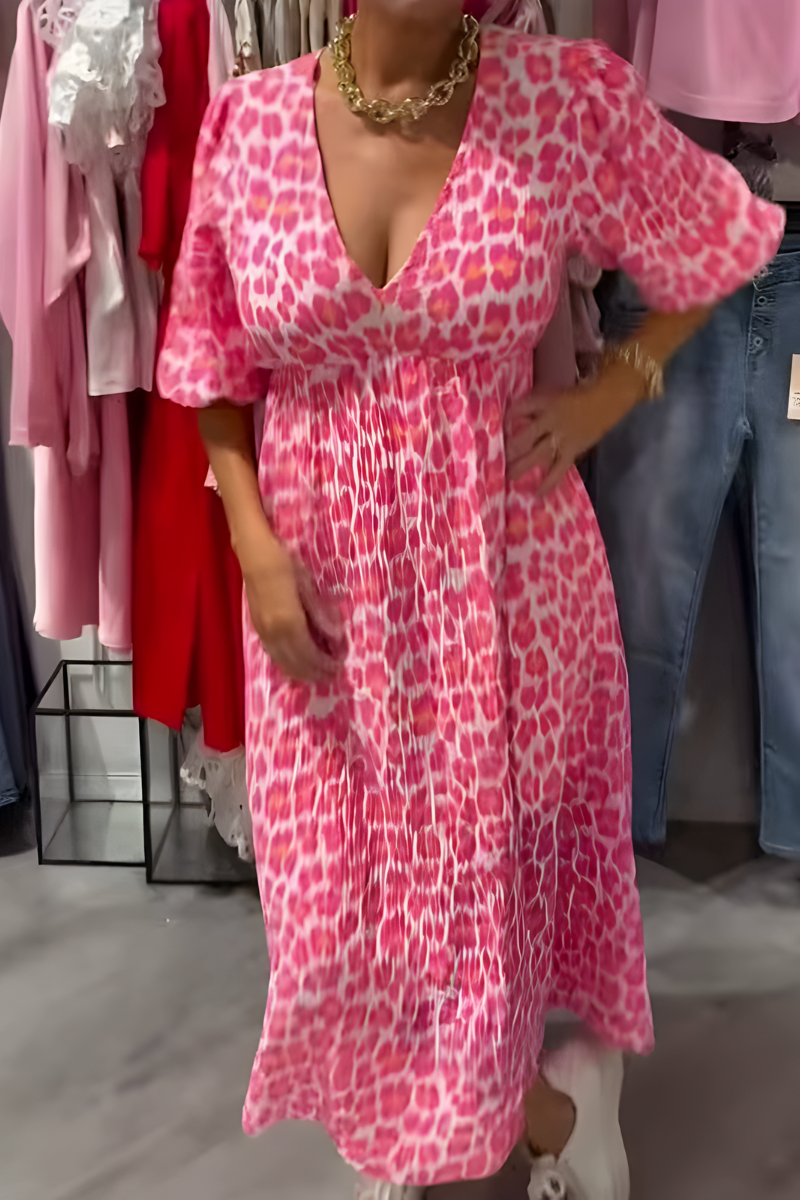 Geometric Print V-Neck Puff Sleeve Maxi Dress 4