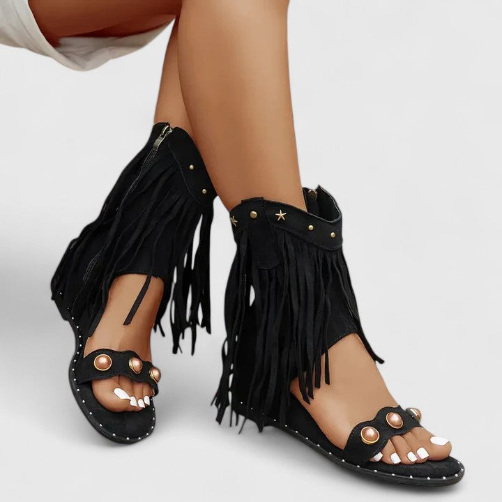 Fringe Open Toe Side Zip Wedge Sandals