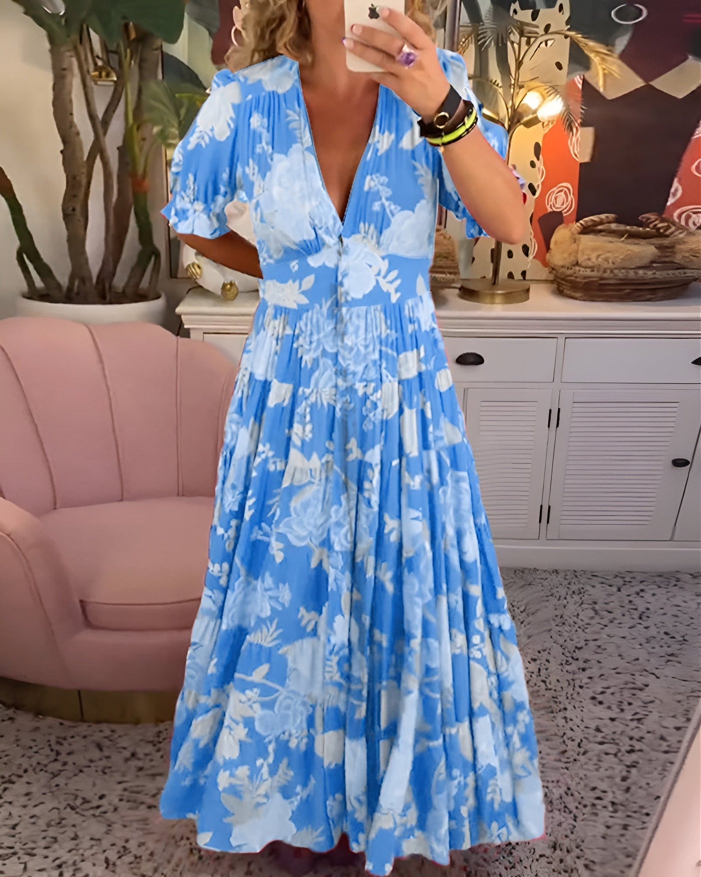 Floral Print Deep V-Neck Short Sleeve Tiered Maxi Dress 3