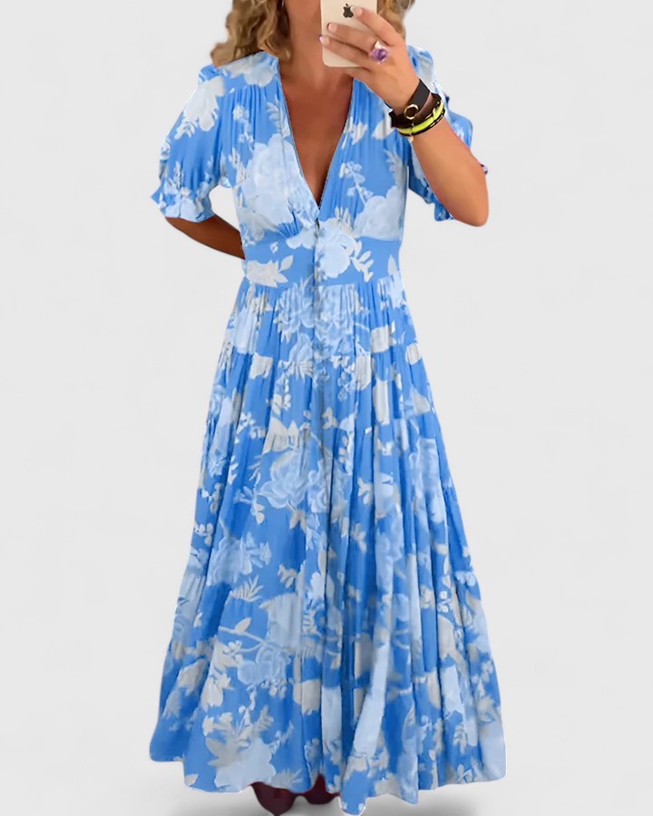 Floral Deep V-Neck Puff Sleeve Tiered Maxi Dress