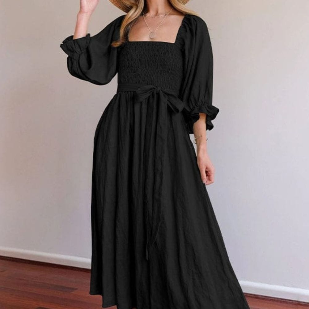 Smocked Off Shoulder Puff Sleeve Ruffle Cuff Flowy Summer Midi Dress