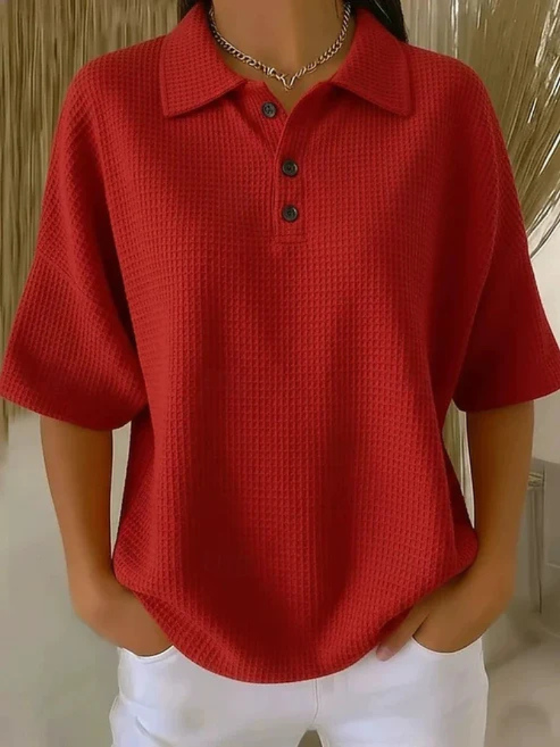 Waffle Knit Collared Short Sleeve Polo Top