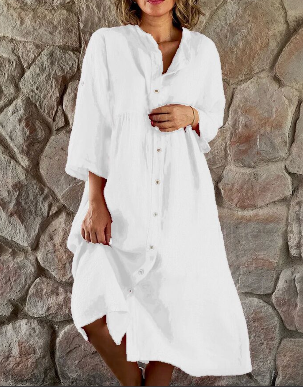Grecia Chic Casual Long Dress with Button Elevated Occasion Wear