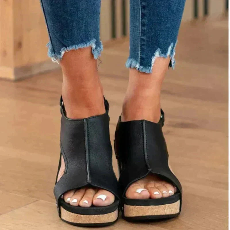 Peep Toe Cut Out Slingback Cork Wedge Sandals