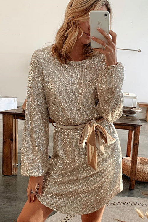 Sequin Bishop Sleeve Tie Waist Mini Dress