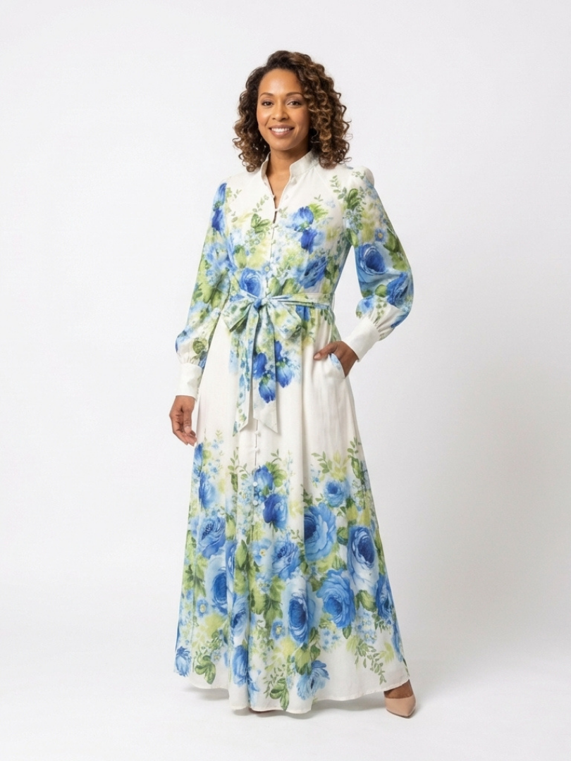 Floral Band Collar Long Sleeve Button Front Belted Maxi Dress