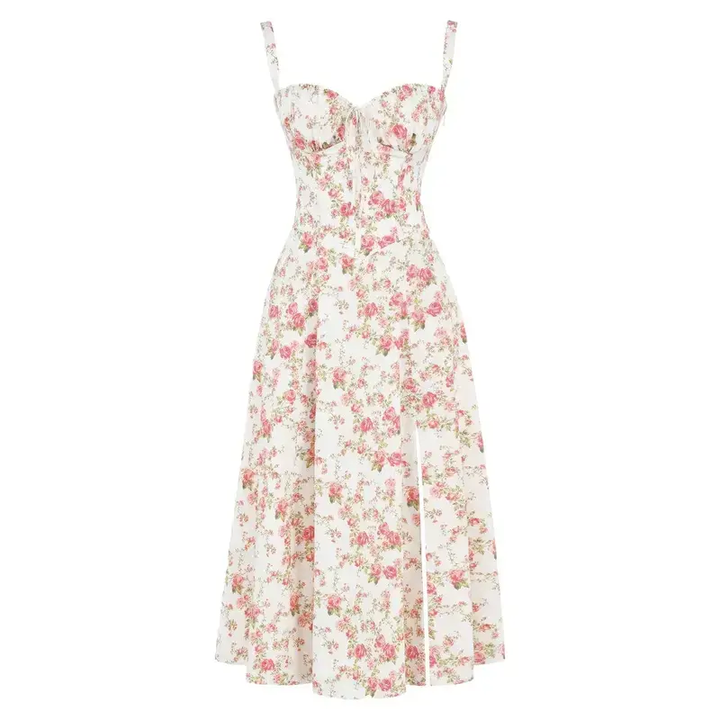 Floral Spaghetti Strap Ruched Fit and Flare Midi Dress
