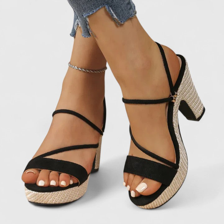Open Toe Strappy Woven Platform Block Heel Sandals