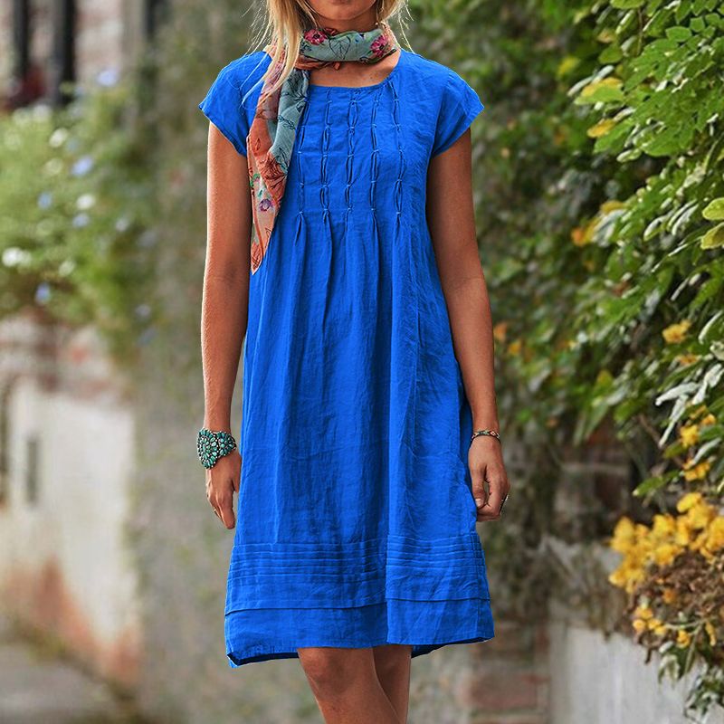 Short Sleeve Pintuck Gathered Front Tiered Band Hem Knee Length Summer Dress