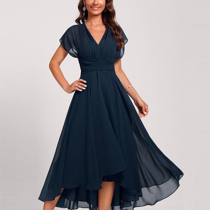 Chiffon Deep V-Neck Ruched Sheer Overlay Sleeveless Cocktail Dress