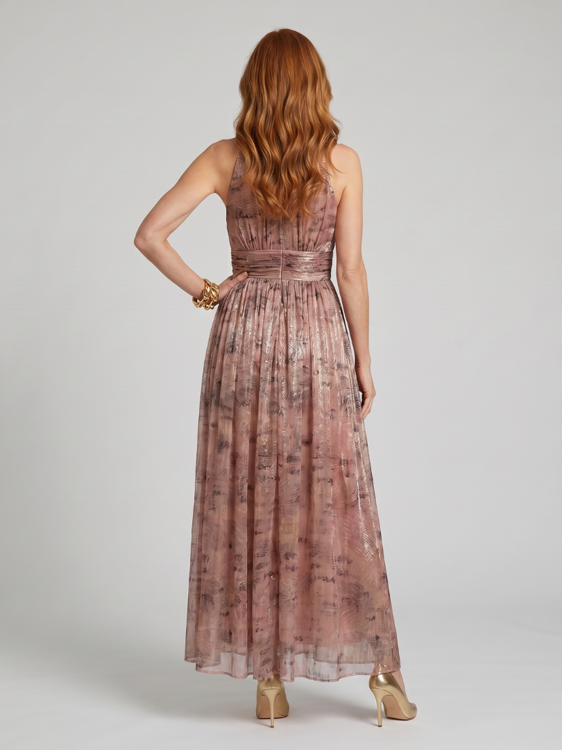 Metallic Shimmer Halter Neck Gathered Waist Maxi Dress
