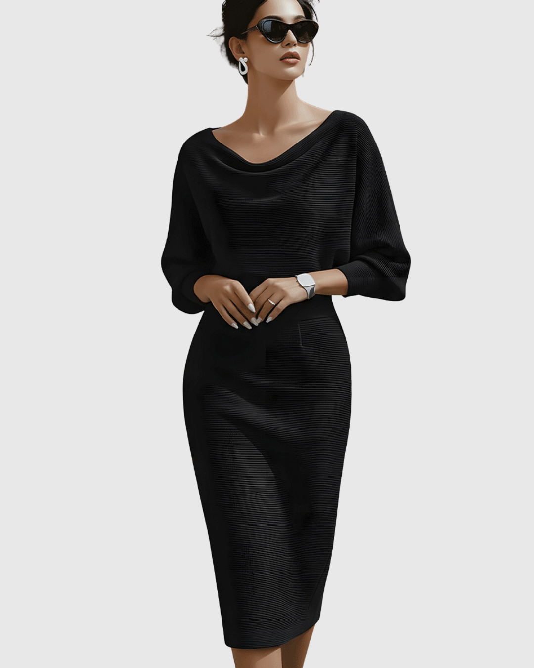 Off Shoulder Long Sleeve Ribbed Knit Bodycon Midi Dress