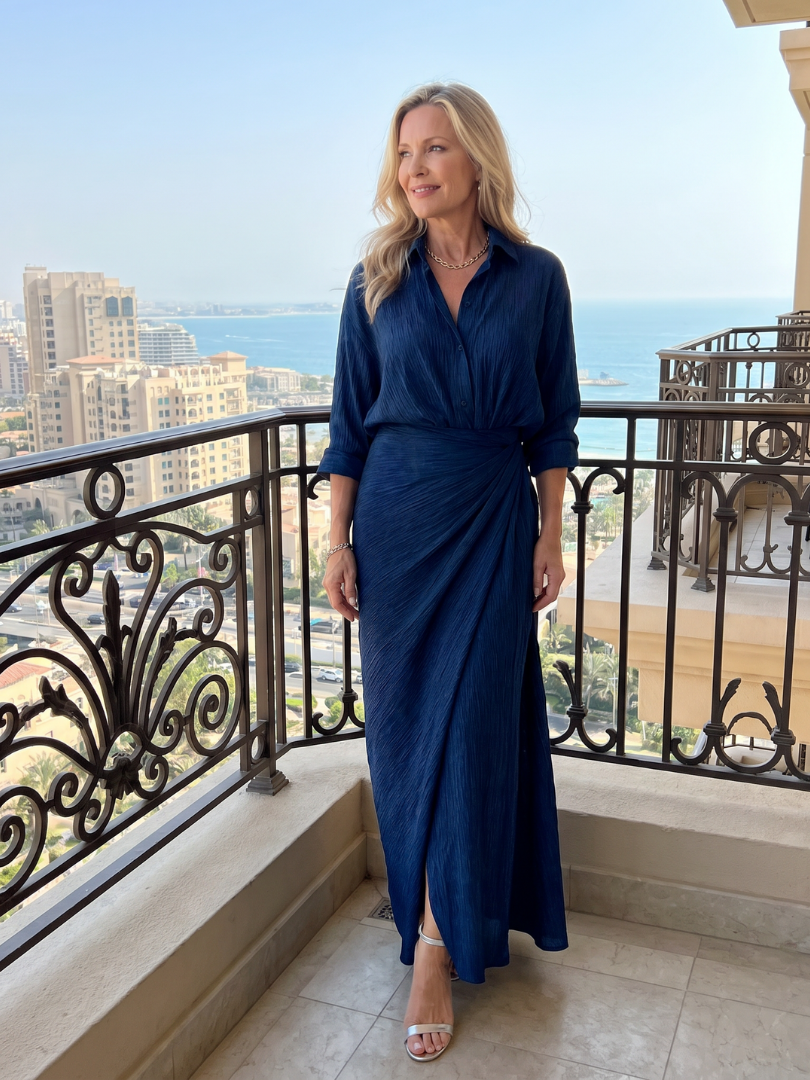 Collared Long Sleeve Wrap Front Maxi Shirt Dress
