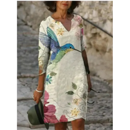 V-Neck Three Quarter Sleeve Relaxed Fit Knee Length Shift Dress