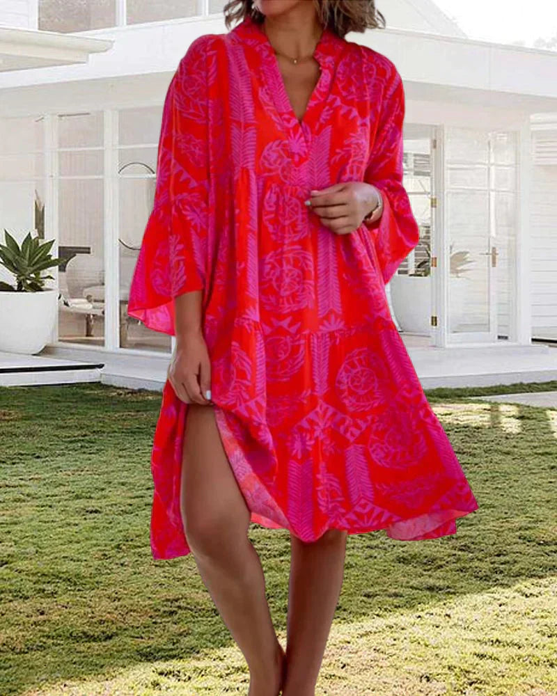 Bell Sleeve Ruffle Cuff Deep V-Neck Tiered Shift Mini Dress