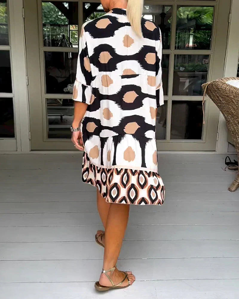 Abstract Geometric Print V-Neck Button Front Tiered Ruffle Cuff Midi Dress