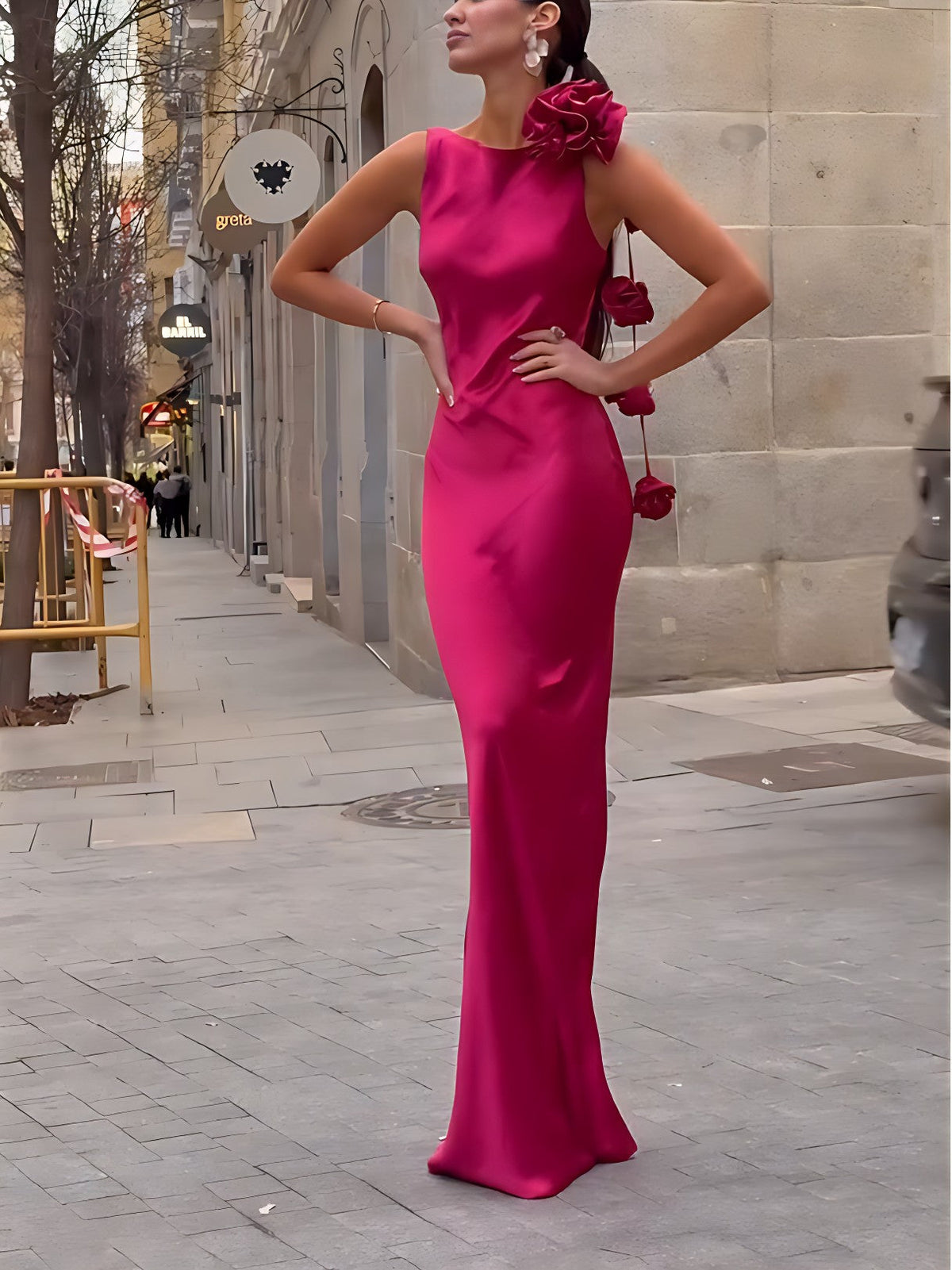 Satin Sleeveless Rosette Shoulder Detail Column Maxi Dress 4