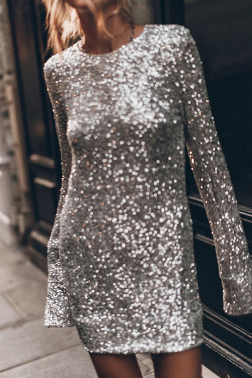 Sequin Round Neck Long Sleeve Mini Party Dress