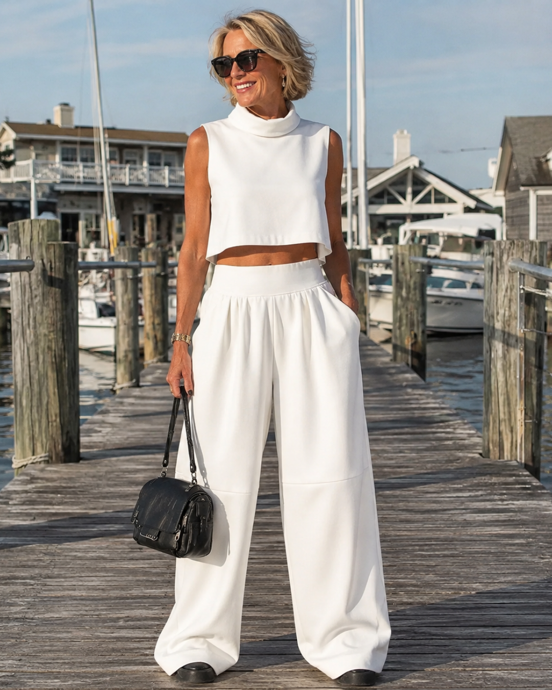 Sleeveless Mock Neck Crop Top and Wide Leg Pants Two Piece Set
