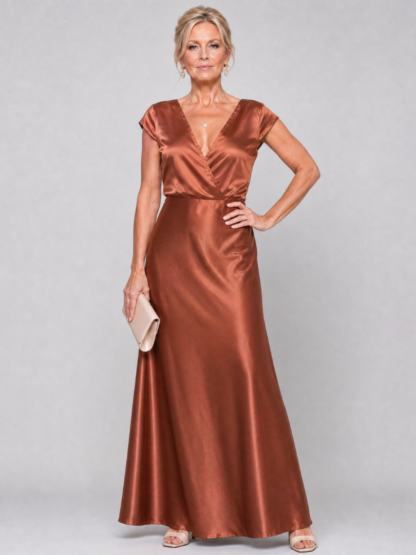 Surplice V-Neck Cap Sleeve Satin Maxi Gown