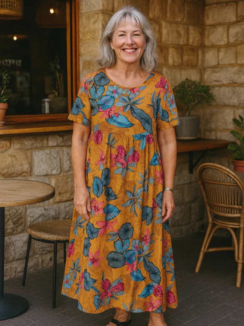 Tropical Floral Round Neck Short Sleeve Maxi Dress