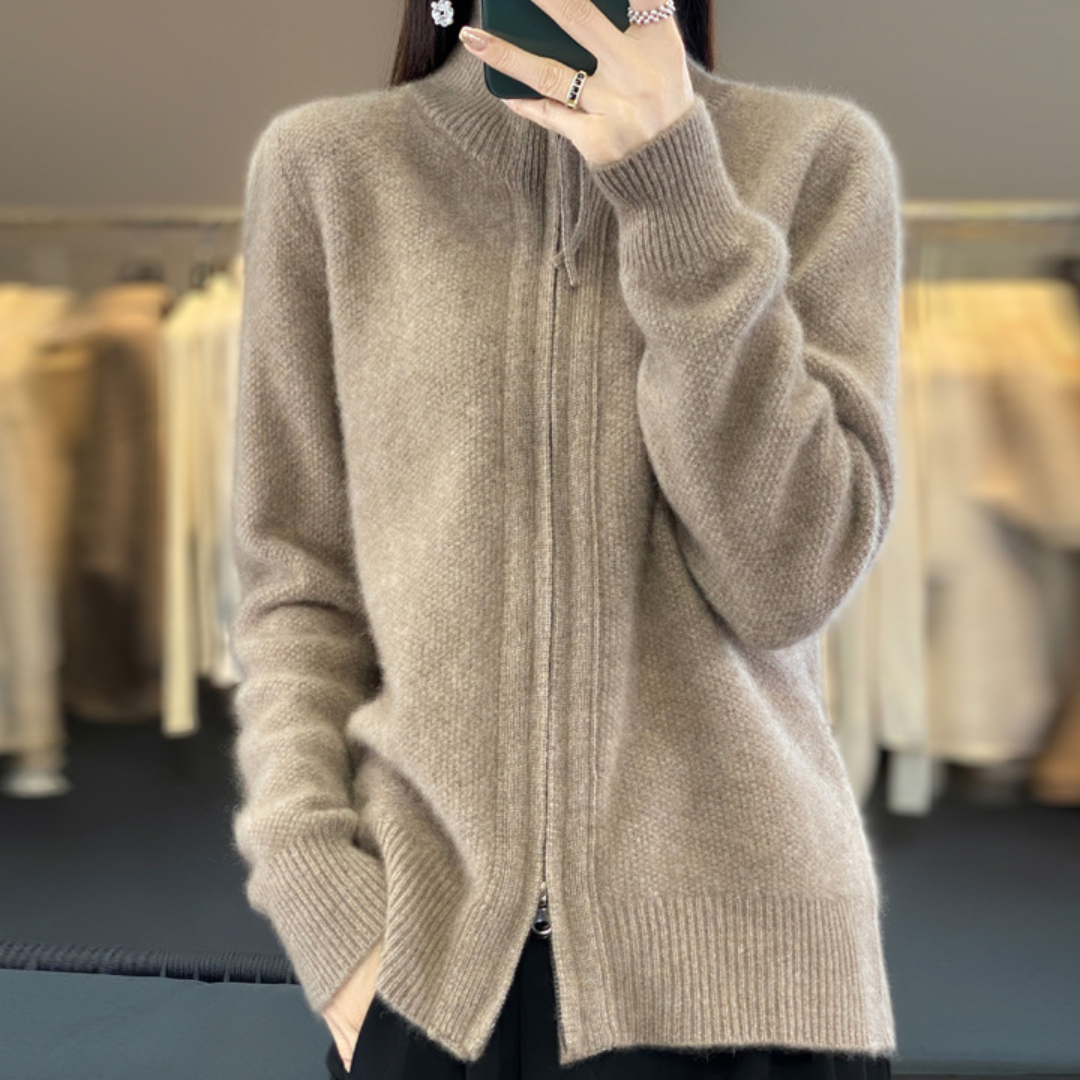 Mock Neck Double Zip Front Ribbed Knit Cardigan