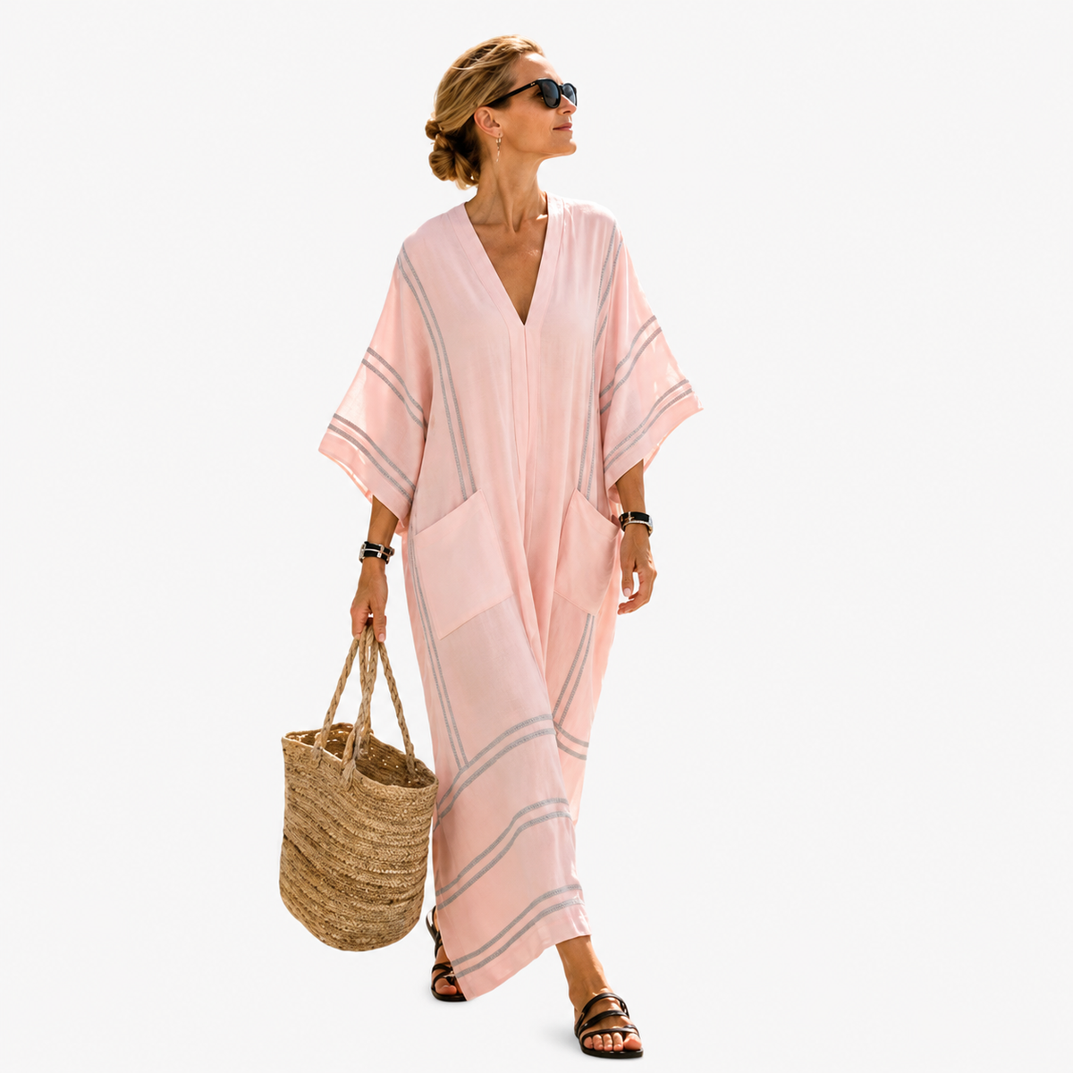 Striped Trim V-Neck Kimono Sleeve Side Pocket Kaftan Maxi Dress