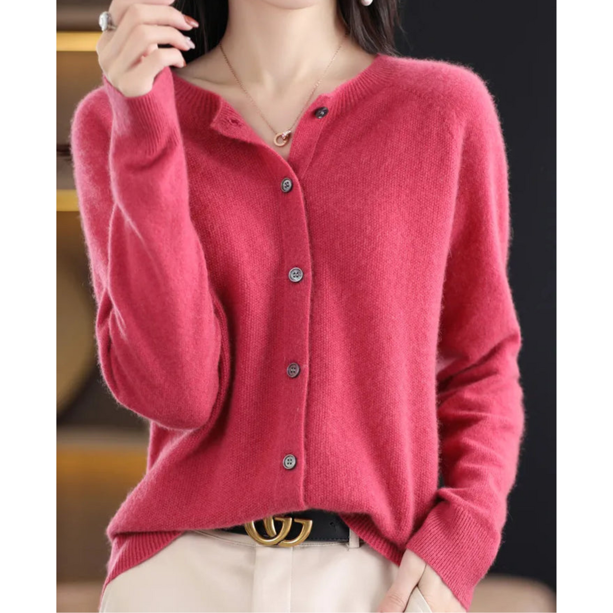 Round Neck Button Front Long Sleeve Knit Cardigan