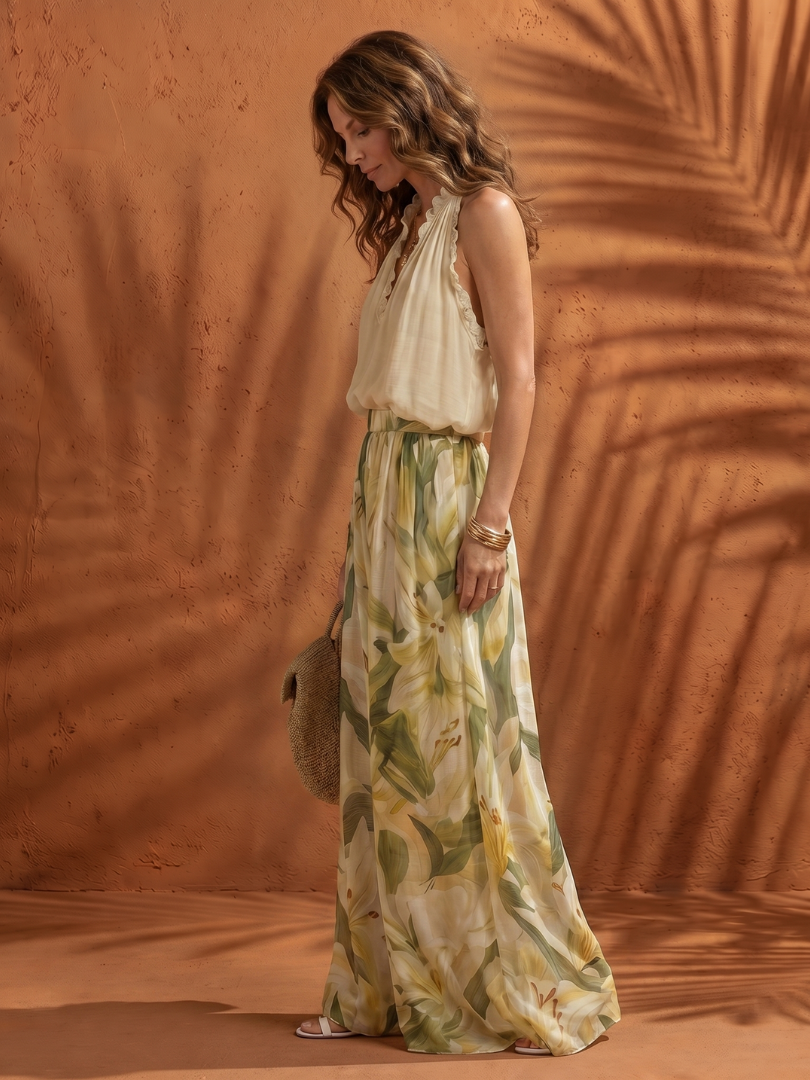 Halter Neck Ruffle Top and Floral Wide Leg Pants Two Piece Set
