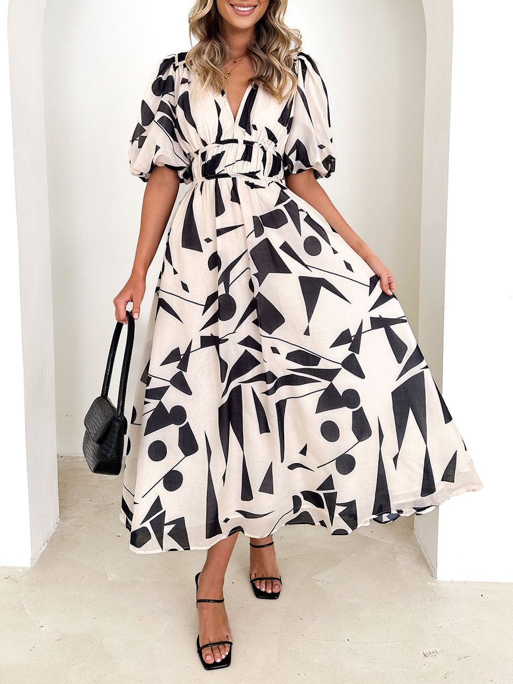 Sakura Midi Dress Beige Geo