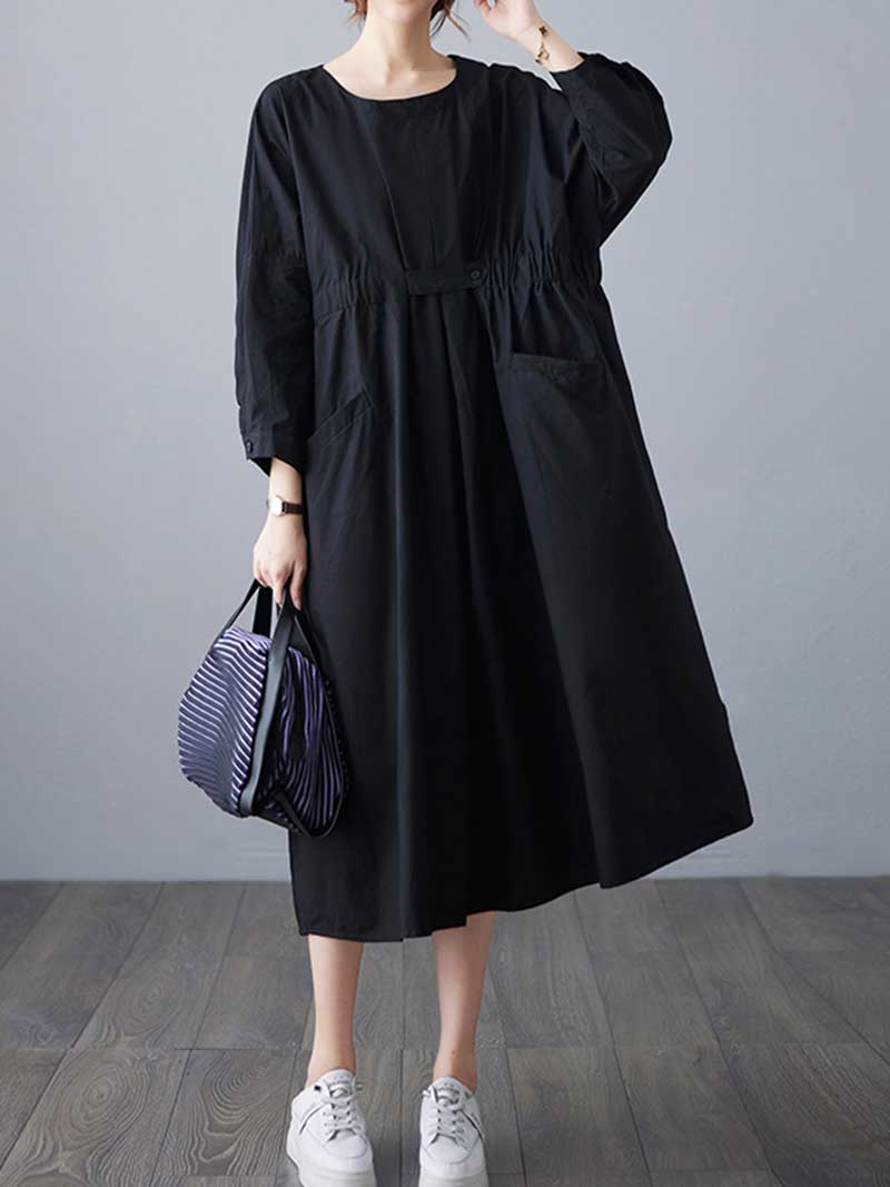 Round Neck Three Quarter Sleeve Gathered Waist Pleated Pocket A-Line Midi Dress