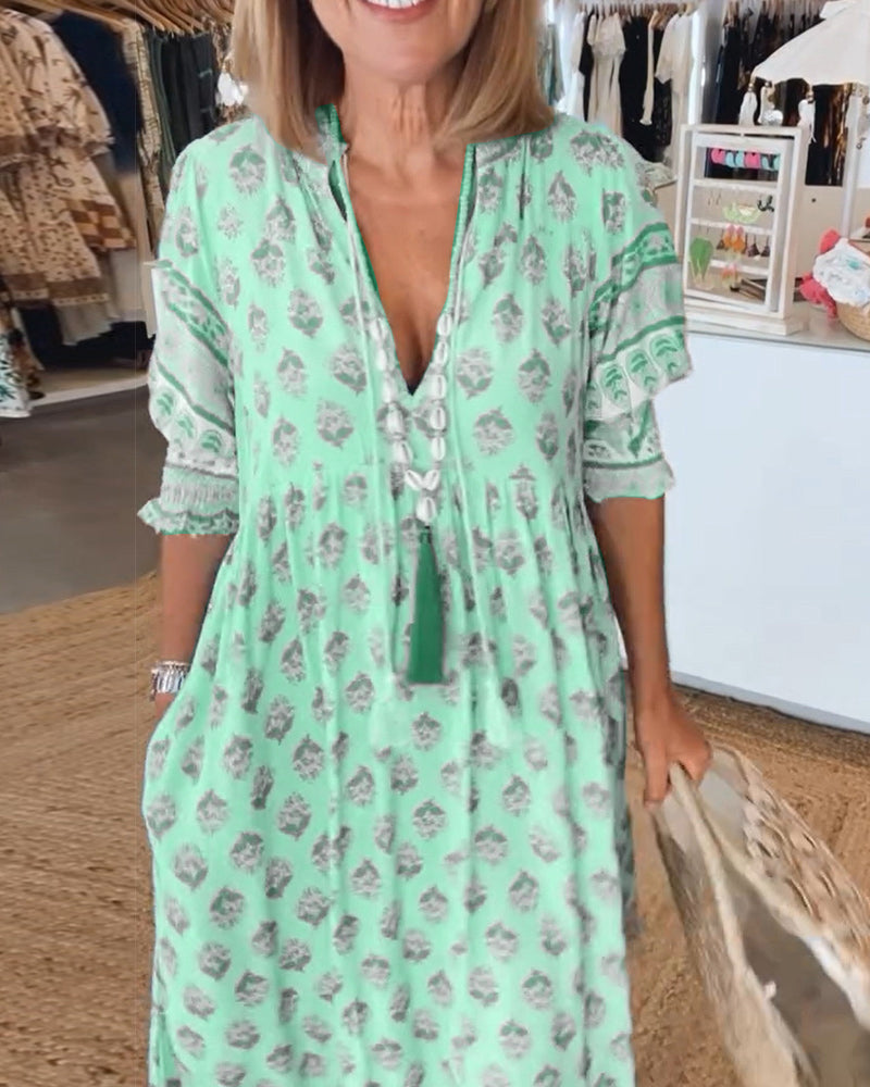 Printed V-Neck Ruffle Short Sleeve Tiered Maxi Dress